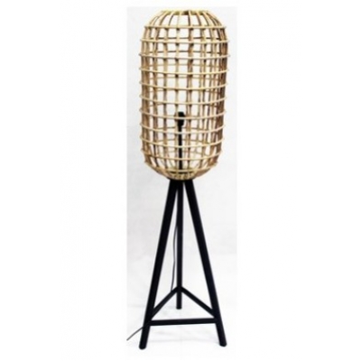 Staande rotan lamp met zwart houten onderstel Staande rotan lamp met zwart houten onderstel